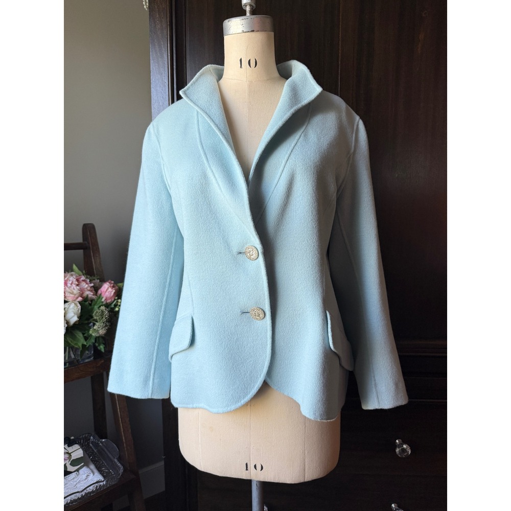 Dana Buchman Petite Blue Angora Wool Blend Blazer Jacket Silver Floral Buttons